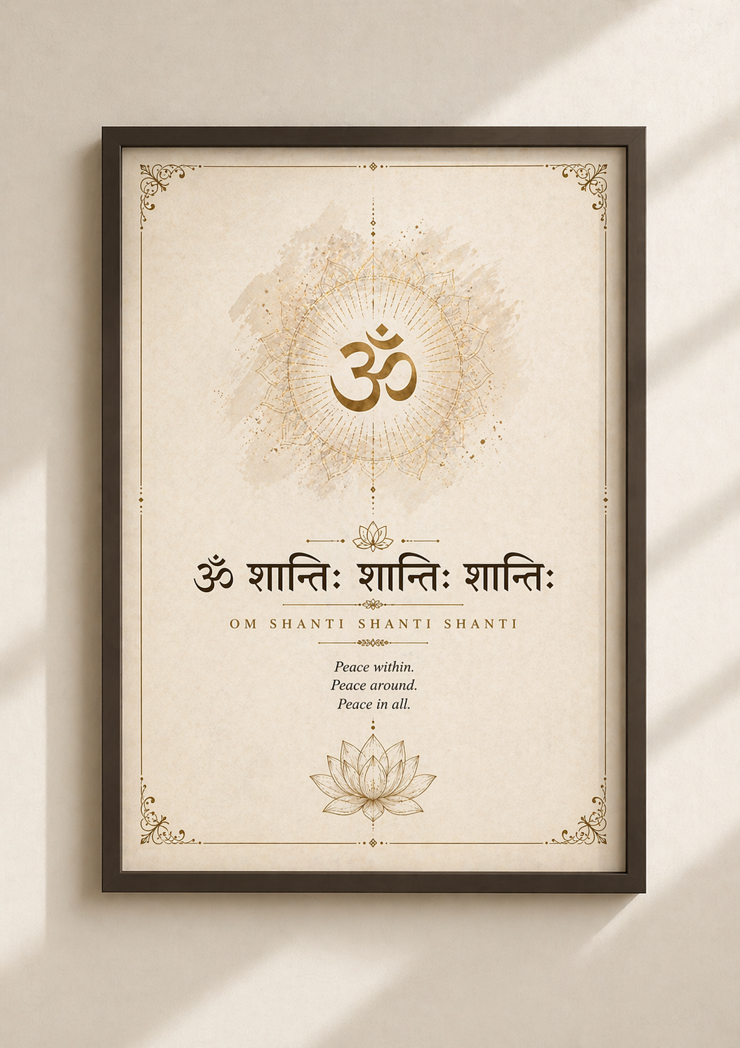Om Shanti Shanti Shanti Wall Art – Peace Mantra A4 Frame | Spiritual Decor for Calm & Mindfulness