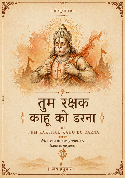 🔱 Hanuman Chalisa Wall Art – Tum Rakshak Kahu Ko Darna | Protection & Strength A4 Frame