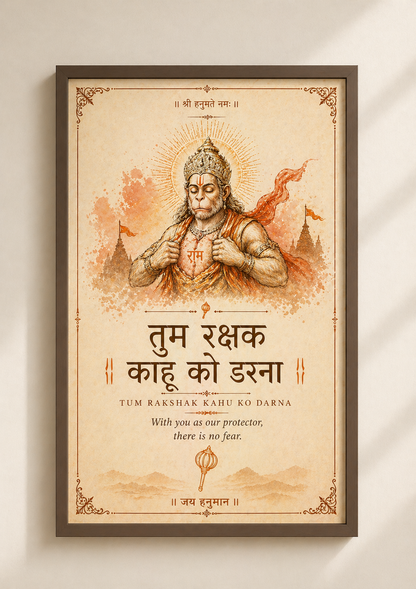 🔱 Hanuman Chalisa Wall Art – Tum Rakshak Kahu Ko Darna | Protection & Strength A4 Frame