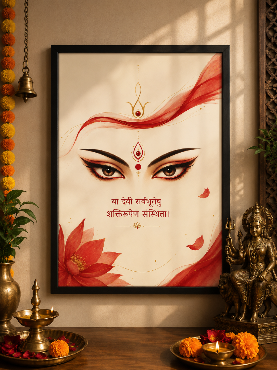 Divine Gaze of Maa Durga – Spiritual Wall Art | Sanskrit Shloka | A4 Framed