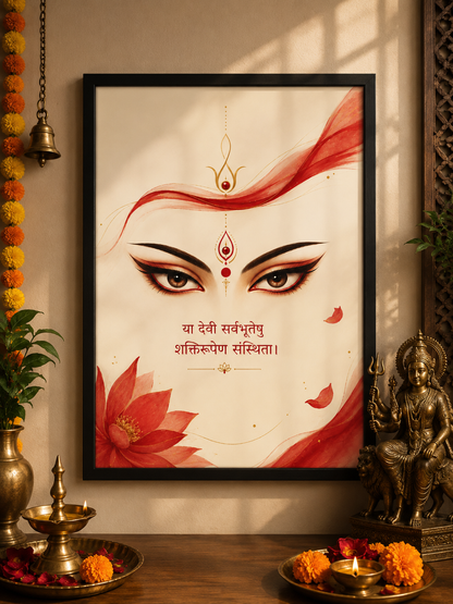 Divine Gaze of Maa Durga – Spiritual Wall Art | Sanskrit Shloka | A4 Framed