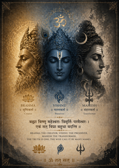 Trimurti Wall Art – The Truth is One | Brahma Vishnu Mahesh A4 Frame