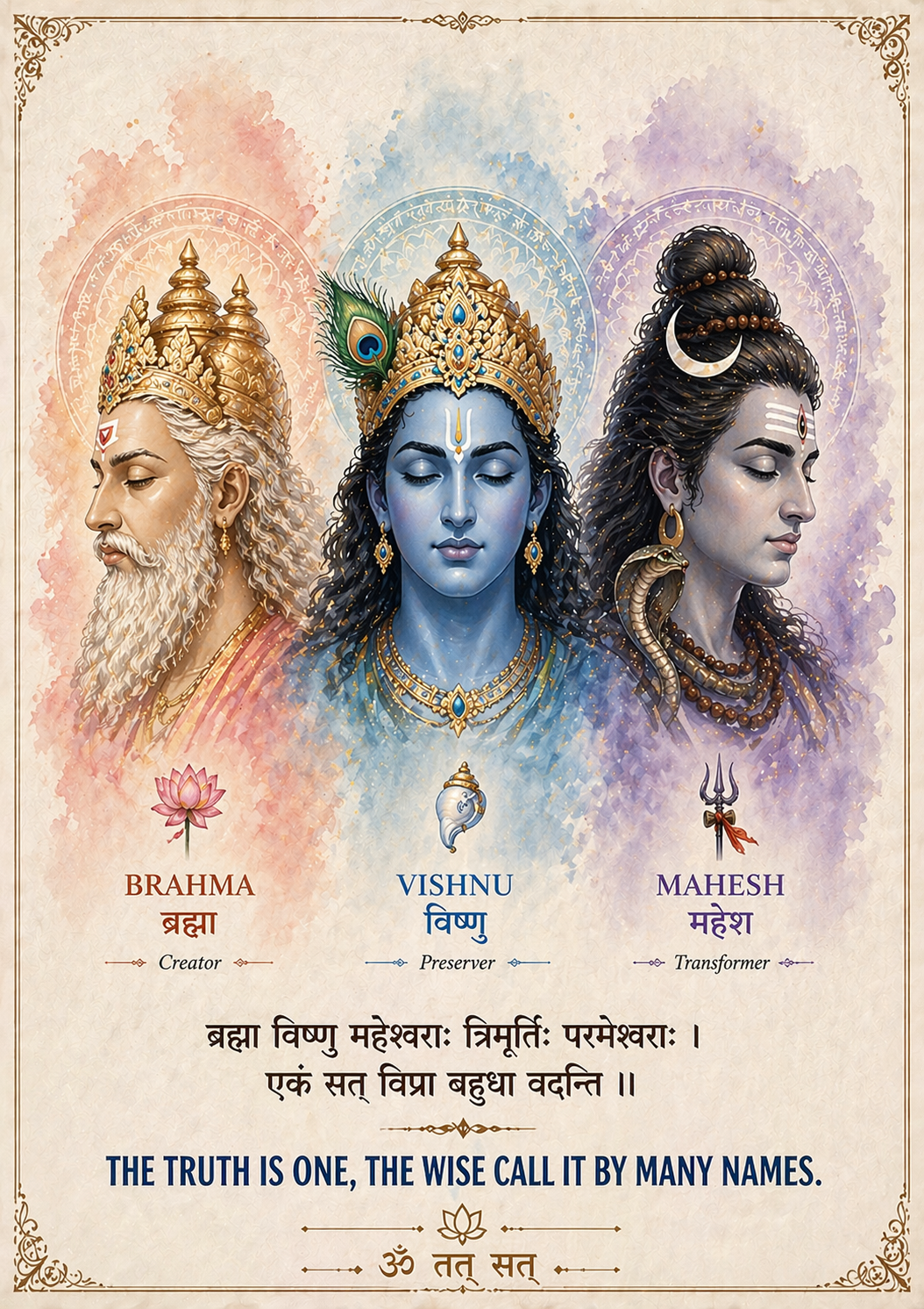 Trimurti Wall Art – The Truth is One | Brahma Vishnu Mahesh A4 Frame